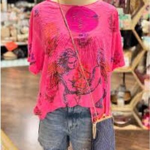 New Magnolia Pearl Sun Within Tee Top  - Roza. All-over Blockprint Hot Pink Tee